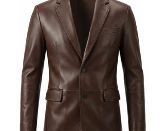Men’s Genuine Leather Blazer | Sheepskin Leather Jacket | Hand Stitched Edge Designer Formal Coat