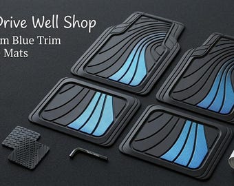 Car Floor Mats Full Set – Front & Rear Mats with Anti-Slip Backing, All Weather Protection, Trim-to-Fit for Sedans, SUVs, Vans, Blue Design