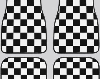 Plaid Car Floor Mats Set of 4 - Geometric Checkered Black & White Non-Slip Front Rear Mats, Universal Fit for Car, SUV, Truck Van