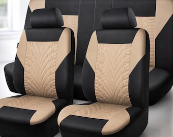 Car Seat Covers Full Set PU Leather, Black Beige Universal Fit Auto Seat Covers for SUV Sedan Truck, Airbag Compatible