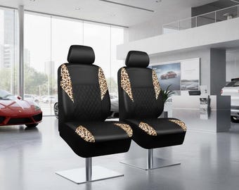 Leopard Car Seat Covers Front Set, PU Leather Quilted Waterproof Seat Protector, Universal Fit Auto Interior Cover Airbag Compatible