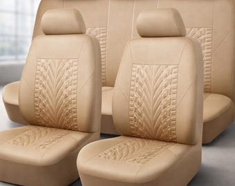 Beige Car Seat Covers Full Set PU Leather Waterproof Universal Fit Seat Covers for Car SUV Truck Airbag Compatible Split Bench Interior