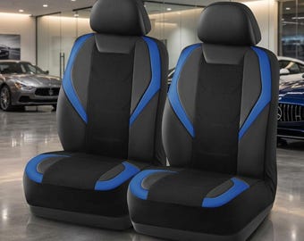 Blue Car Seat Covers Front Set, Leather Mesh Seat Protector, Universal Fit Auto Interior Cover for Cars, SUVs,Trucks,Vans, Airbag Compatible