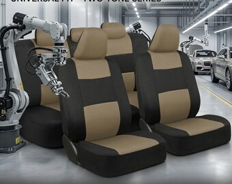 Universal Auto Seat Covers Full Set, Beige Black Car Seat Covers for Cars SUV Truck Van, Split Bench Seat Protector