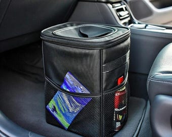 Car Trash Can with Lid, Leak-Proof Waterproof Garbage Bin, 2 Gallon Multipurpose Organizer with Storage Pockets for Car, Black