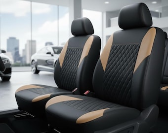Car Seat Covers Front Seats, Quilted Leather Seat Covers, Waterproof PU Vinyl, Universal Fit Airbag Compatible, Luxury Interior Black Beige