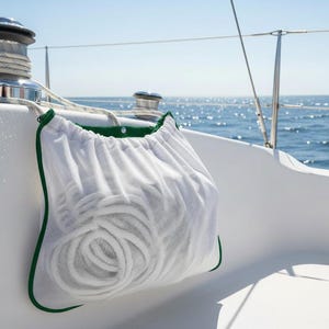May include: A white mesh storage bag with green trim, containing coiled white rope, hanging from a metal winch on a white fiberglass boat deck. The bag features a drawstring closure and is positioned against the side of the cockpit area.