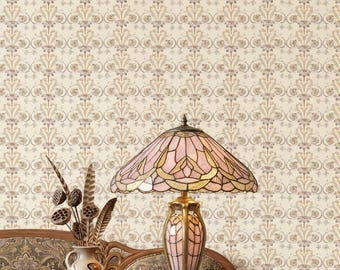 Papel pintado floral vintage Art Nouveau | Mural de pared autoadhesivo y removible | Decoración victoriana de damasco beige y lavanda para habitación infantil