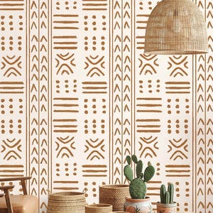 Tribal Mudcloth Wallpaper - Terracotta Boho Geometric Wall Mural - African Inspired Peel and Stick or Non-Pasted Custom Size Wall Decor