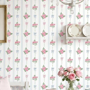 Floral Bow Wallpaper: Grandmillennial Sage Green Pink Blue Stripes - Peel & Stick Removable Nursery Wall Decor Kids Room Mural