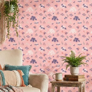 Coquette Pink Floral Wallpaper, Navy Wildflowers, Dragonflies (Peel & Stick)