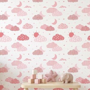 Clouds and Moon Nursery Wallpaper: Pink Celestial Design (Custom Size)