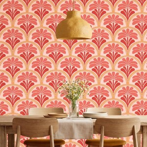Vintage 1920s Wallpaper, Coral Pink Scallop Fan (Peel & Stick)