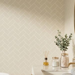 Papel pintado de espiga con imitación de azulejos | Geométrico beige y blanco | Decoración autoadhesiva para la pared de la cocina