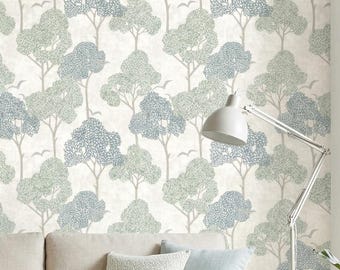 Peel and Stick Sage Green Forest Wallpaper | Woodland Nursery Decor | Removable Scandi Tree Wall Mural | Neutral Art