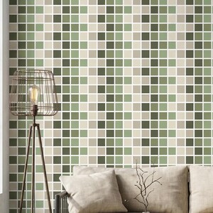 Mid Century Modern Grid Wallpaper - Sage Green, Removable Design