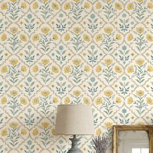 Vintage Floral Trellis Wallpaper | Yellow Flower Wall Mural | Peel and Stick or Non-Pasted | Sage Green Botanical Nursery Decor Accent Wall