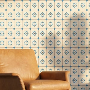 Blue White Portuguese Tile Wallpaper - Faux Azulejo Peel and Stick - Mediterranean Geometric Floral - Kitchen Backsplash Bathroom Mural