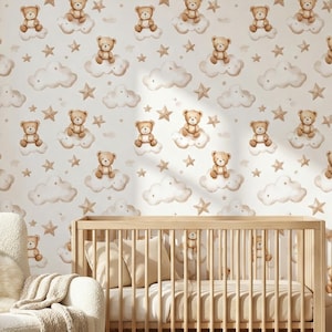 Teddy Bear Wallpaper | Neutral Nursery Wall Mural | Watercolor Clouds & Stars | Peel and Stick or Non Pasted | Boho Baby Room Decor