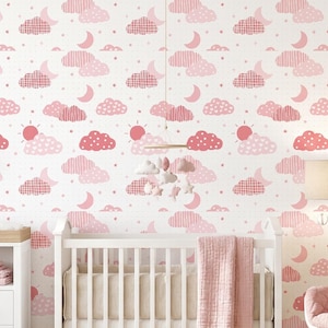 Pink Clouds Moon Sun Nursery Wallpaper - Peel and Stick Baby Girl Wall Mural - Whimsical Celestial Decor - Custom Removable Fabric Mural