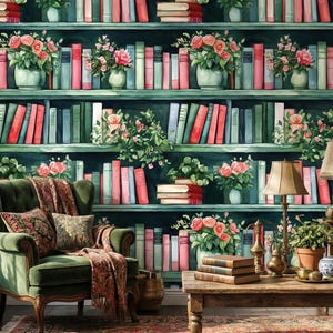 Dark Academia Library Wallpaper | Floral Bookshelf Mural | Peel and Stick or Non-Pasted | Vintage Book Wall Decor for Reading Nook & Office