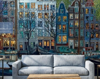 Amsterdam Peel and Stick Wallpaper | Vintage Canal House Mural | Removable Wall Decor | Dutch Architecture