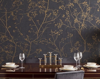 Modern Japandi Wall Mural Botanical Branches Peel and Stick Wallpaper Charcoal Gold Removable Decor Dark Nature Art | Minimalist Floral