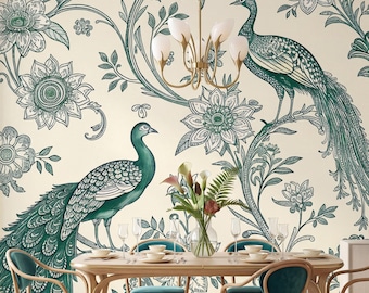 Removable Chinoiserie Peacock Mural | Peel and Stick Emerald Wallpaper | Grandmillennial Bird Decor | Vintage Floral Art For Bedroom