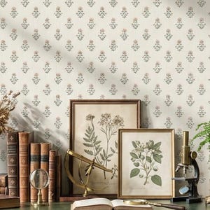 Indian Block Print Wallpaper | Beige Vintage Floral Peel and Stick | Boho Nursery Wall Decor | Removable Fabric Wallpaper | Neutral Pattern
