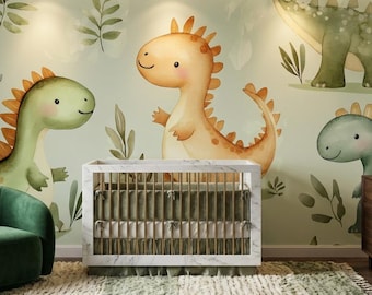 Dinosaur Wallpaper Nursery | Watercolor Dino Wall Mural | Sage Green & Orange Boys Room Decor | Peel and Stick or Non Pasted | Cute Animal