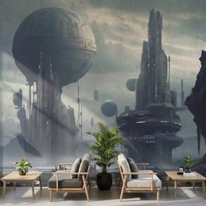 Sci-Fi Wall Mural: Floating City and Alien Landscape - Peel & Stick