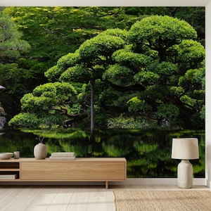 Zen Wall Mural: Japanese Garden with Bonsai Tree - Peel & Stick