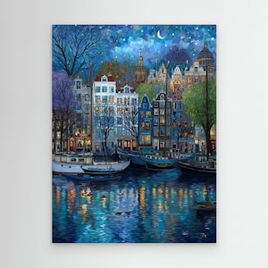 Canal Wall Art Print: Amsterdam Night Scene - Floating Frame