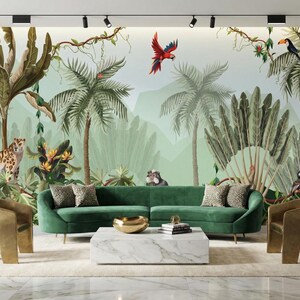 Tropical Jungle Wallpaper Peel and Stick | Vintage Chinoiserie Mural with Peacock & Hummingbirds | Sage Green Nursery Wall Art | Botanical