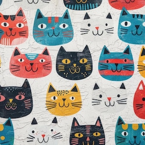 Whimsical Cat Wallpaper | Peel and Stick Removable | Modern Folk Art Nursery & Kids Room Decor Mural