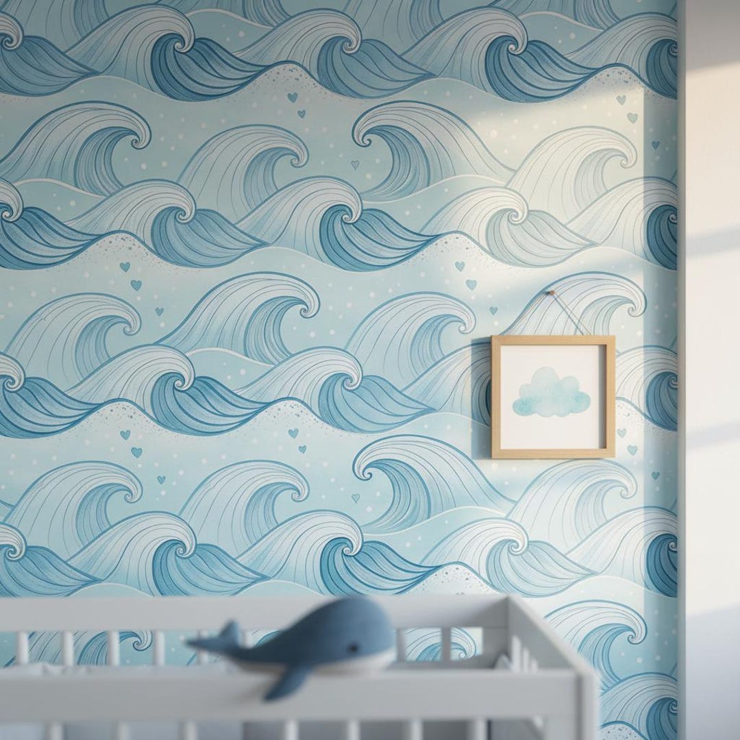 Ocean Wave Wallpaper, Blue Nursery Wall Mural, Peel and Stick, Coastal ...