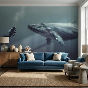 Whale Wall Mural, Underwater Ocean Wallpaper, Scuba Diver Art, Realistic Deep Sea Decor, Peel and Stick or Pasted Marine Life Print