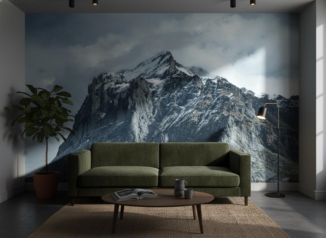 Mountain Wall Mural | Snowy Peak Wallpaper | Peel and Stick Landscape ...