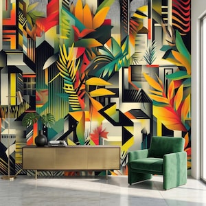 Könnte beinhalten: Abstrakte geometrische Wandmalerei mit einer lebendigen Mischung aus Farben wie Orange, Gelb, Grün und Schwarz. Das Design integriert stilisierte Pflanzen und architektonische Elemente und schafft eine moderne und künstlerische Ästhetik. Ein goldener Schrank und ein grüner Sessel sind im Vordergrund.
