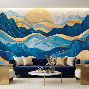 Mountain Wall Mural: Blue Gold Abstract Landscape (Peel & Stick or Paste)