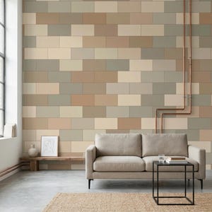 Neutral Geometric Tile Wall Mural - Beige Sage Tan Accent Decor