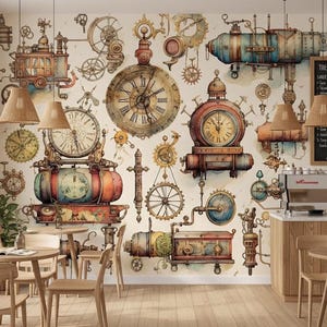 Murale Steampunk: ingranaggi e orologi vintage ad acquerello
