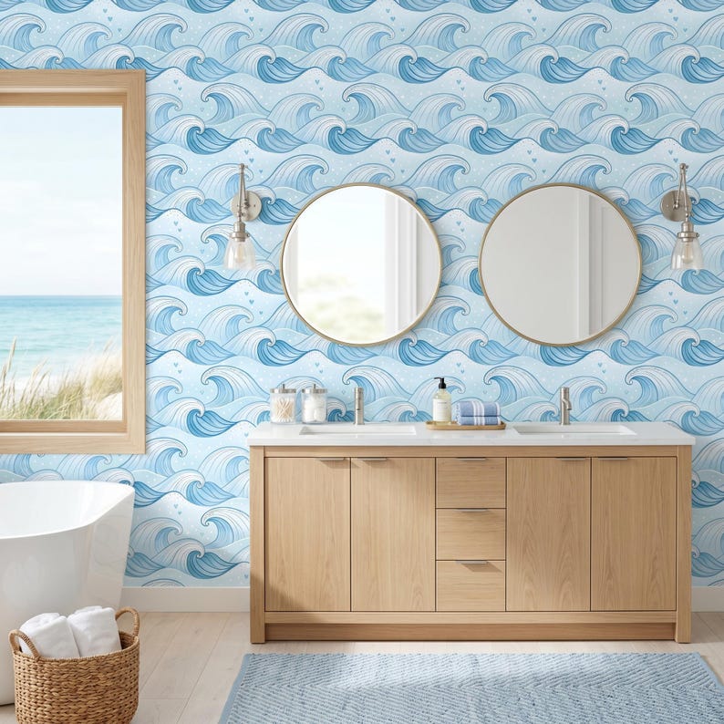 Whimsical Ocean Waves Wallpaper: Light Blue Coastal Nursery Mural - Etsy