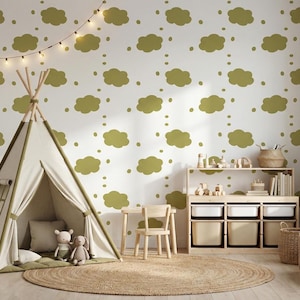 Olive Green Cloud Wallpaper: Peel & Stick Nursery Mural