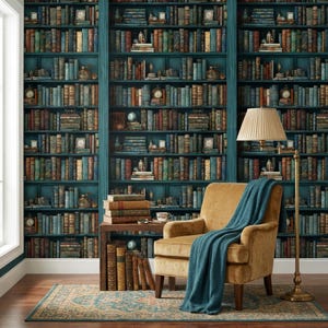 Library Wall Mural: Vintage Teal Bookcase Wallpaper (Peel & Stick)