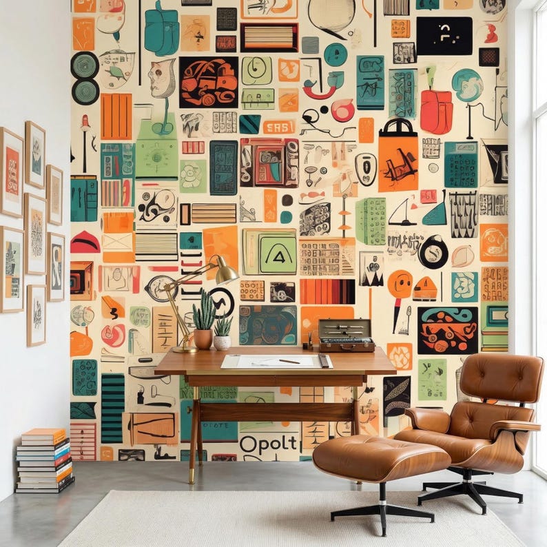 Mid Century Modern Wall Mural: Retro Orange Teal Geometric Art - Etsy ...