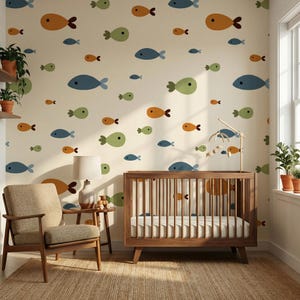 Nursery Wall Mural: Scandi Fish Pattern - Peel and Stick, Neutral Colors