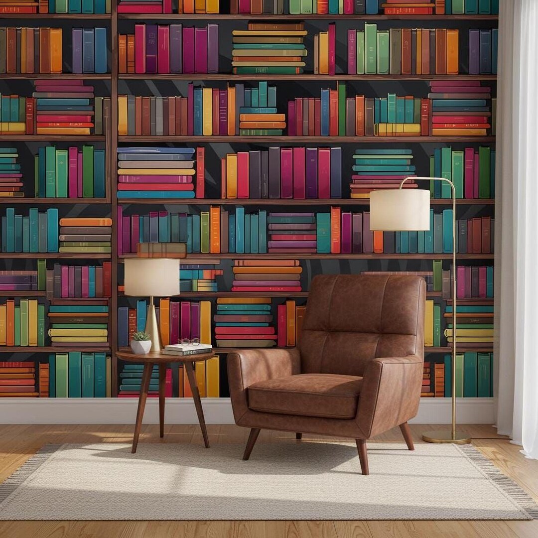 Library Mural Designs Library Wall Mural: Colorful Bookshelf Design - Removable Peel & Stick ...