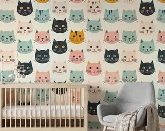Papel de Parede com Gatos Encantadores: Mural Autoadesivo para Quarto de Bebê em Tons Pastel