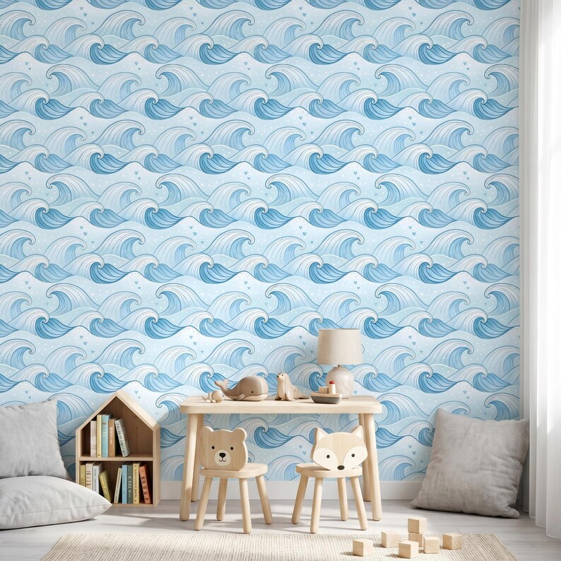 Whimsical Ocean Waves Wallpaper: Light Blue Coastal Nursery Mural - Etsy